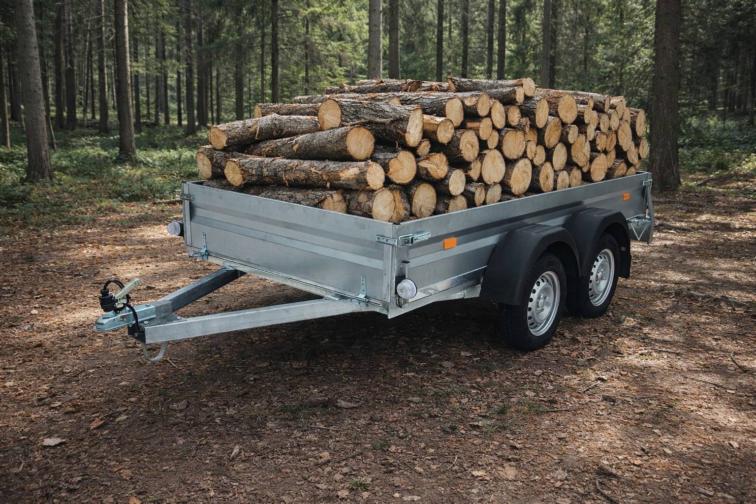 Přívěs MARO naložený dřevem v lese